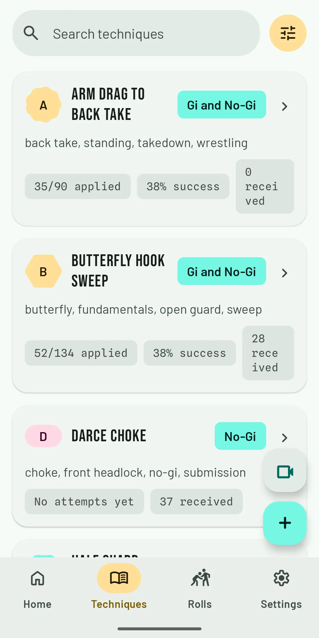 Technique library with tags and mat stats.