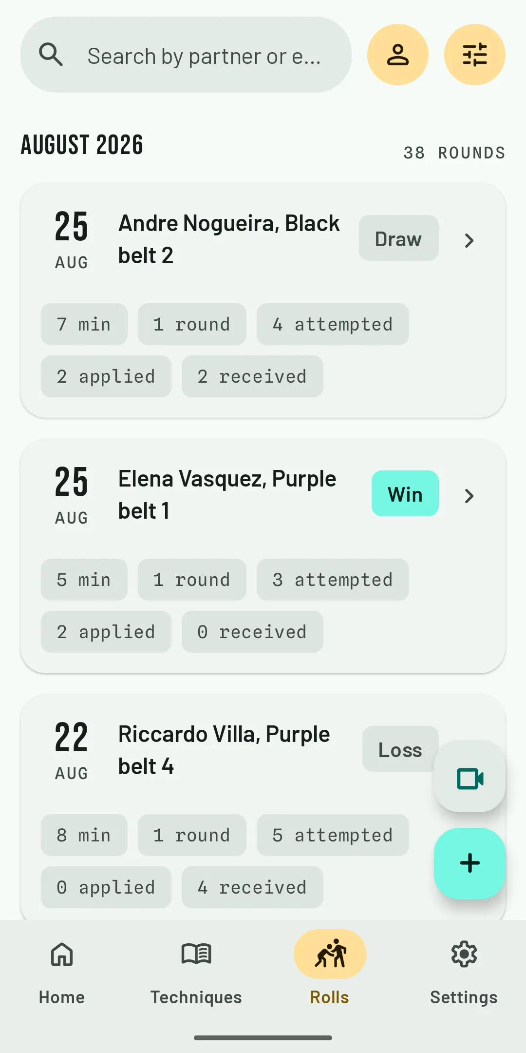 Roll log with partners, belts, and outcomes.