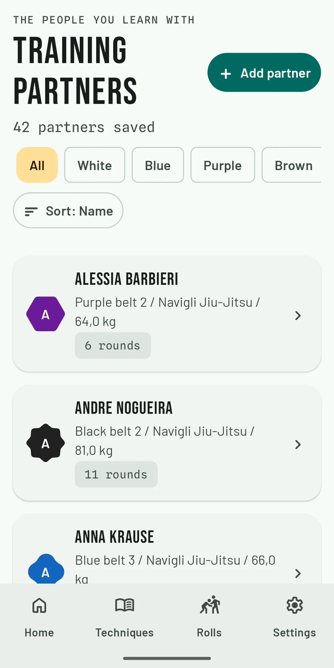 Training partners with belt, gym, and round counts.